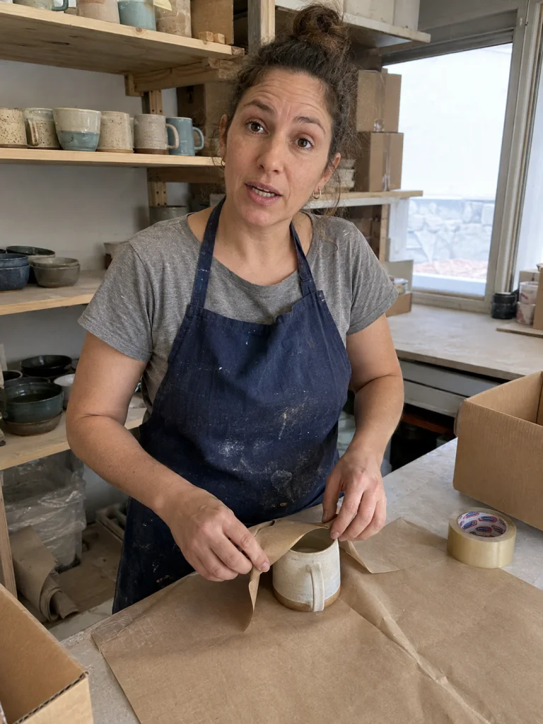 Una ceramista prepara un pedido en la mesa de su taller.