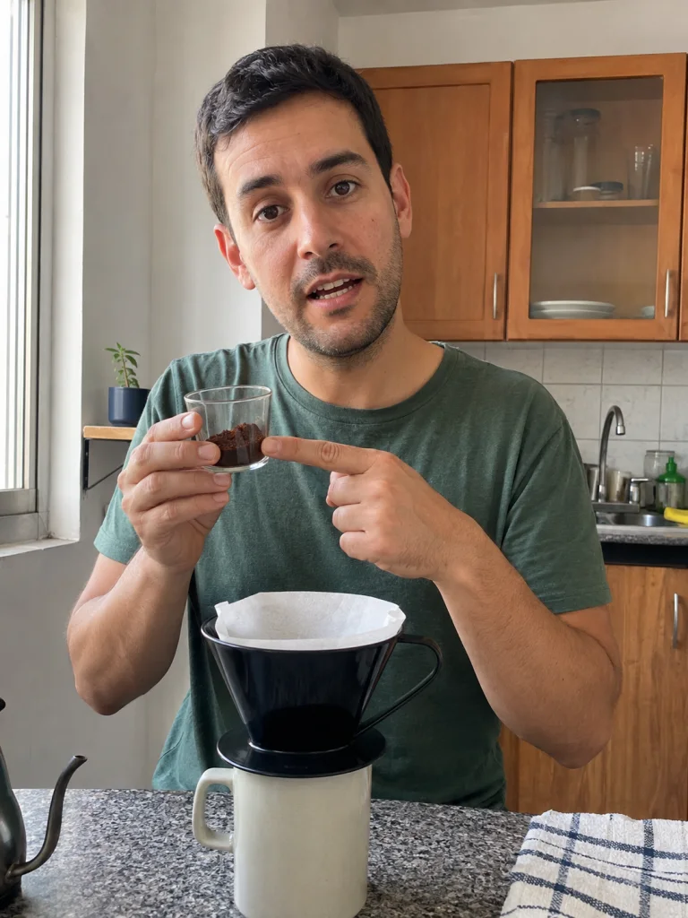 Un creador explica cómo preparar café mostrando la molienda en su cocina.