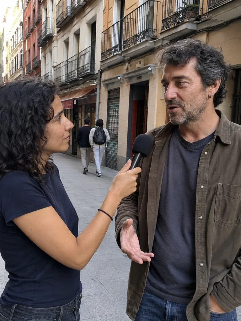 Una entrevistadora recoge la respuesta de un transeúnte con un micrófono.
