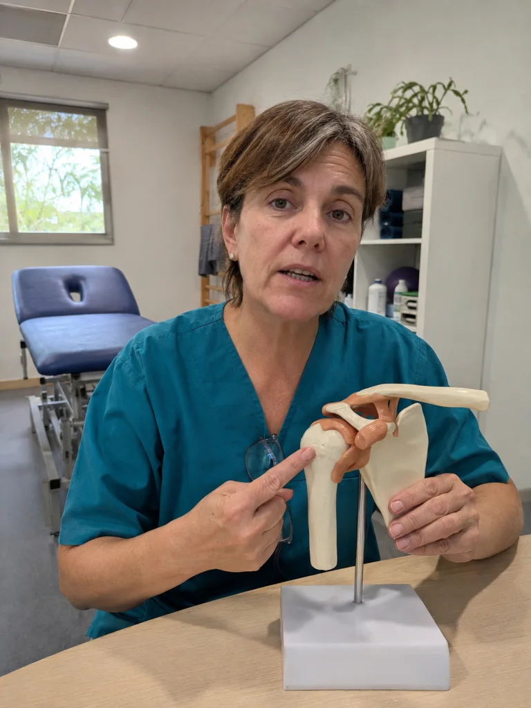 Una fisioterapeuta explica el movimiento del hombro con un modelo anatómico.