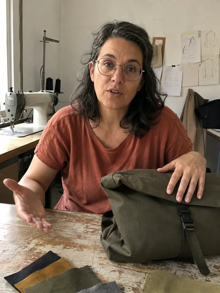 Una fundadora cuenta la historia de su marca desde una mesa con muestras de tejido y una mochila.