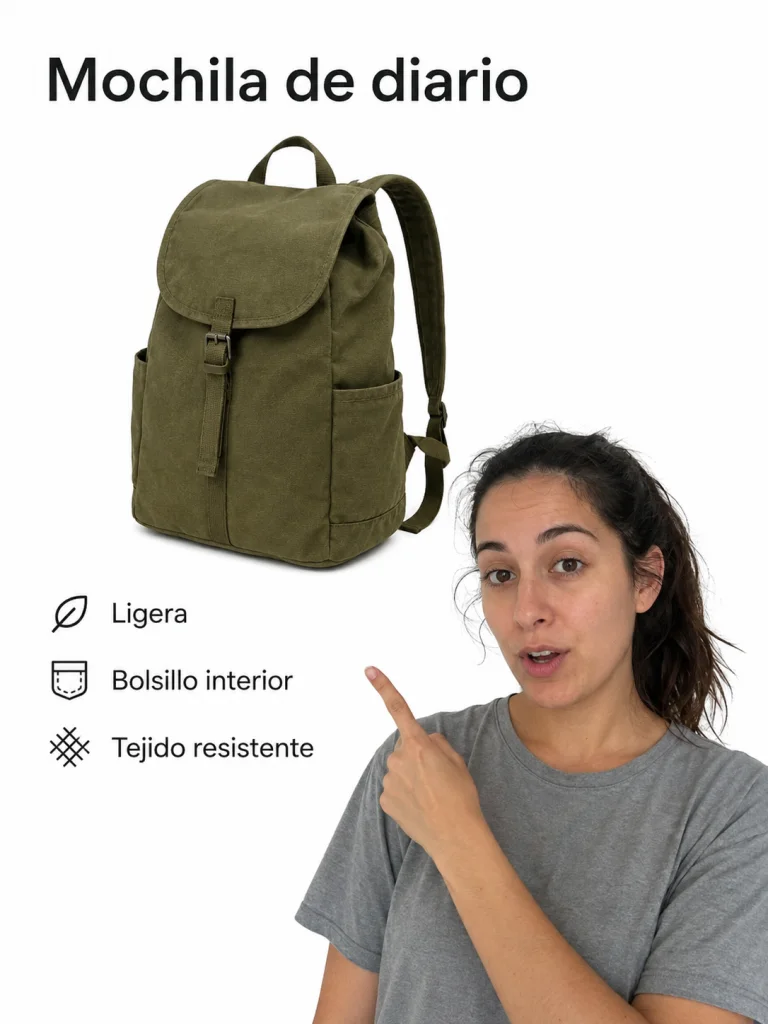 Una creadora aparece recortada sobre una ficha digital de una mochila y señala sus características.