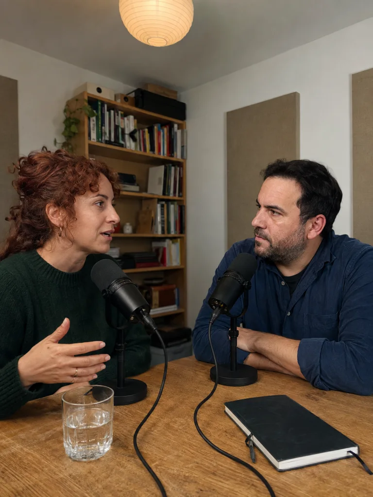 Dos personas conversan en una mesa con micrófonos en una grabación de podcast.