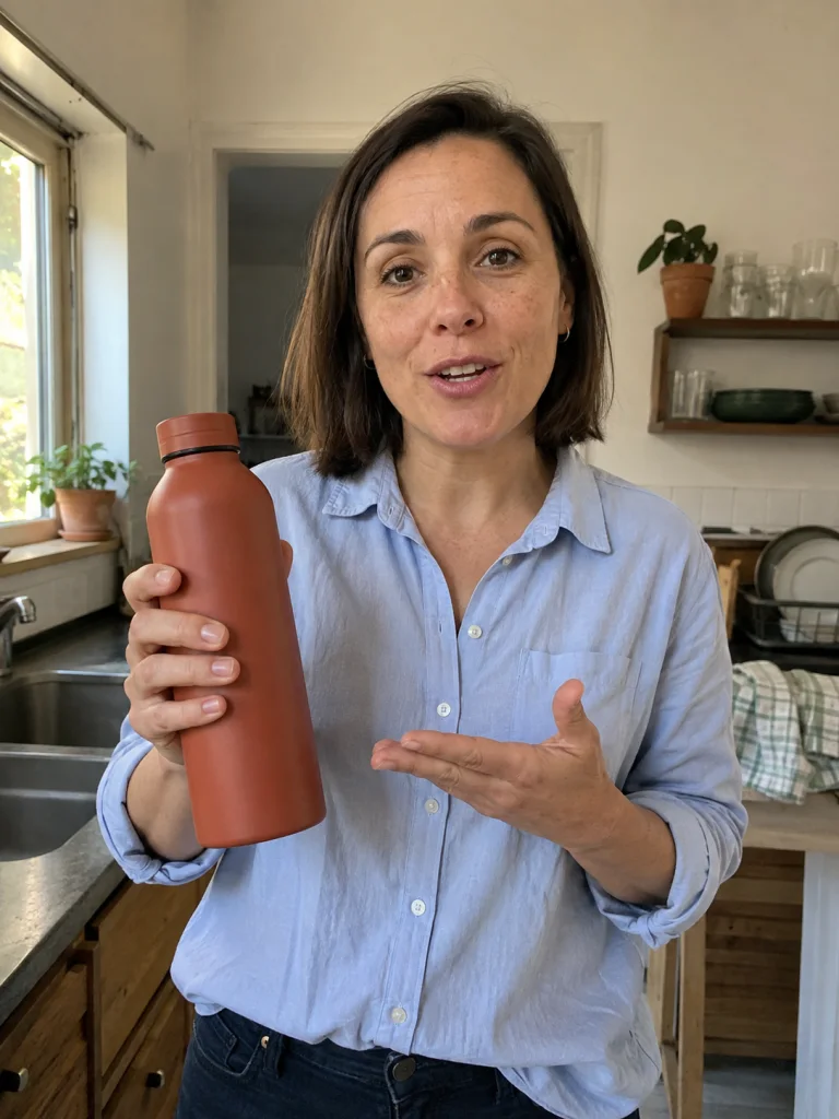 Una mujer presenta una botella reutilizable mientras habla a cámara desde su cocina.