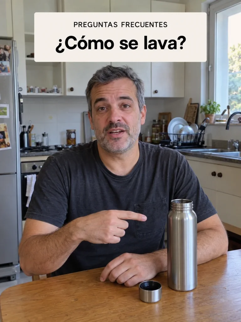 Un hombre responde una pregunta sobre el lavado de una botella reutilizable desde su cocina.