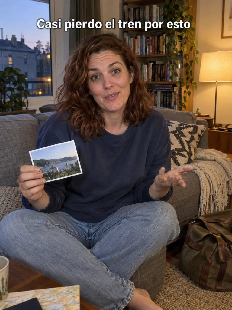 Una mujer cuenta una anécdota desde su sofá con una foto de viaje en la mano.