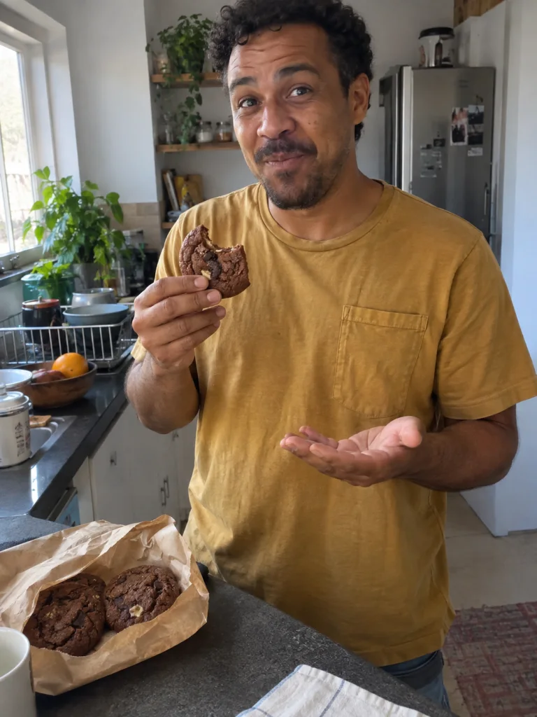 Un hombre reacciona con sorpresa al probar una galleta por primera vez en su cocina.