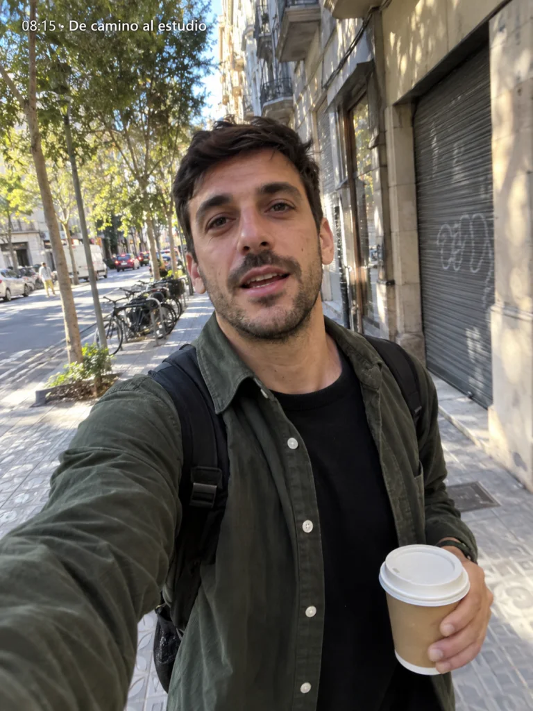 Un creador graba su mañana mientras camina por la calle con un café y una mochila.