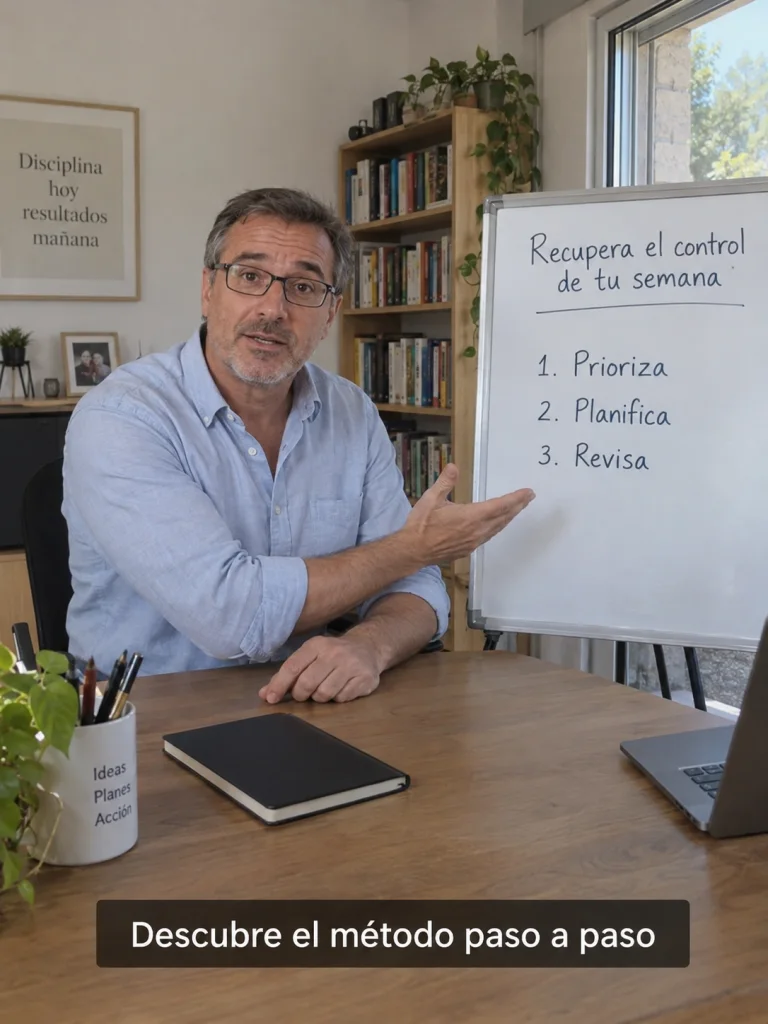 Un presentador explica tres pasos para organizar el trabajo junto a una pizarra en una presentación de ventas.