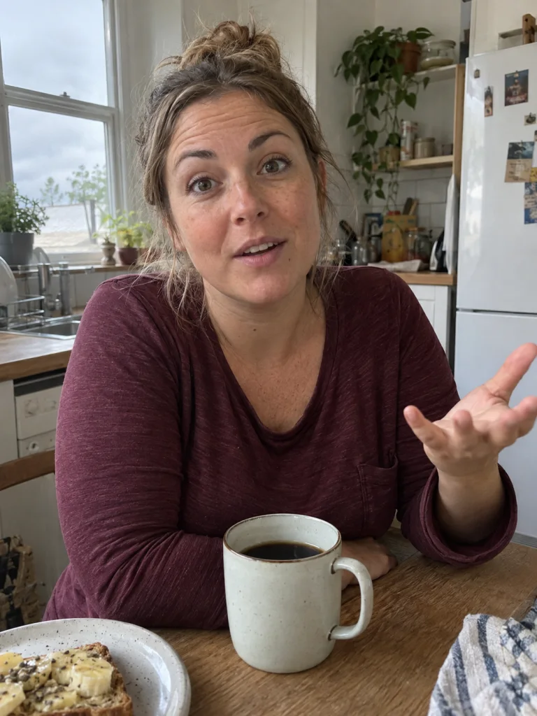 Una mujer habla de forma espontánea a cámara desde la mesa de su cocina, con una taza delante.