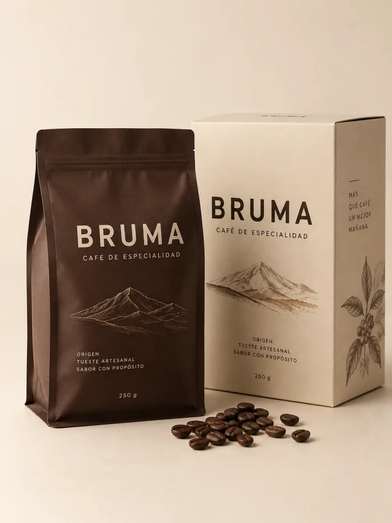 Packaging de café con una identidad de marca ficticia sobre fondo crema.