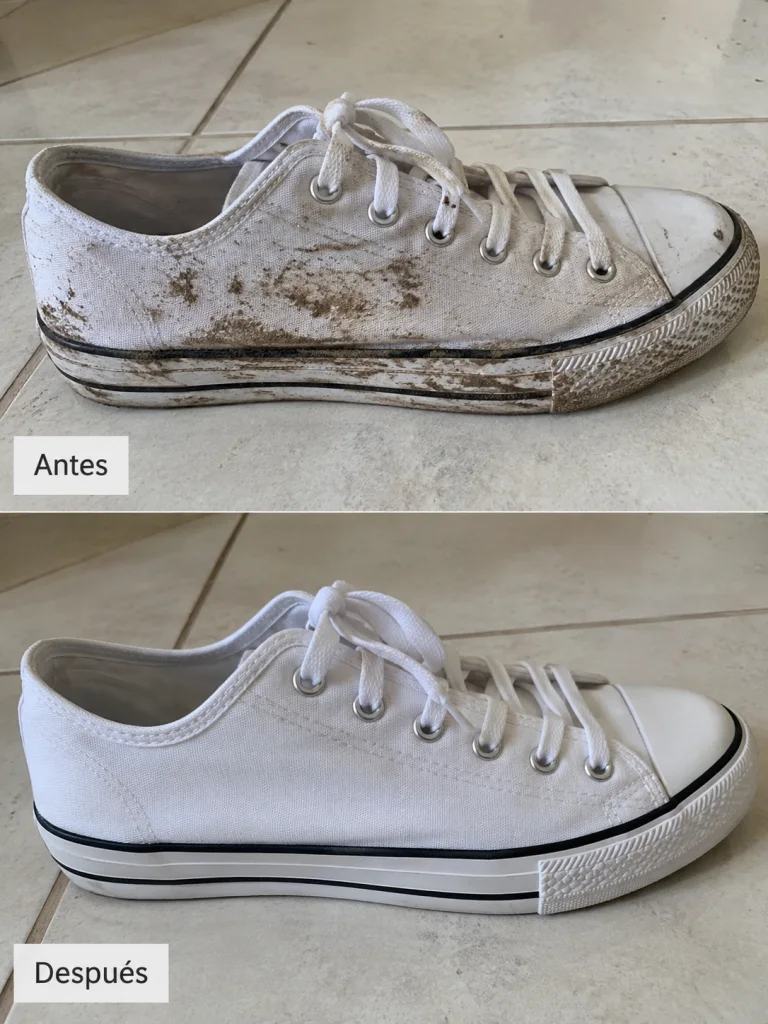 La misma zapatilla de lona antes y después de limpiarla, en dos paneles.
