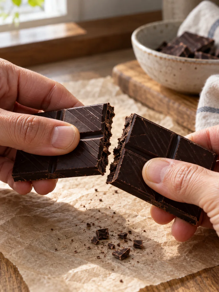 Primer plano de unas manos que parten una tableta de chocolate.