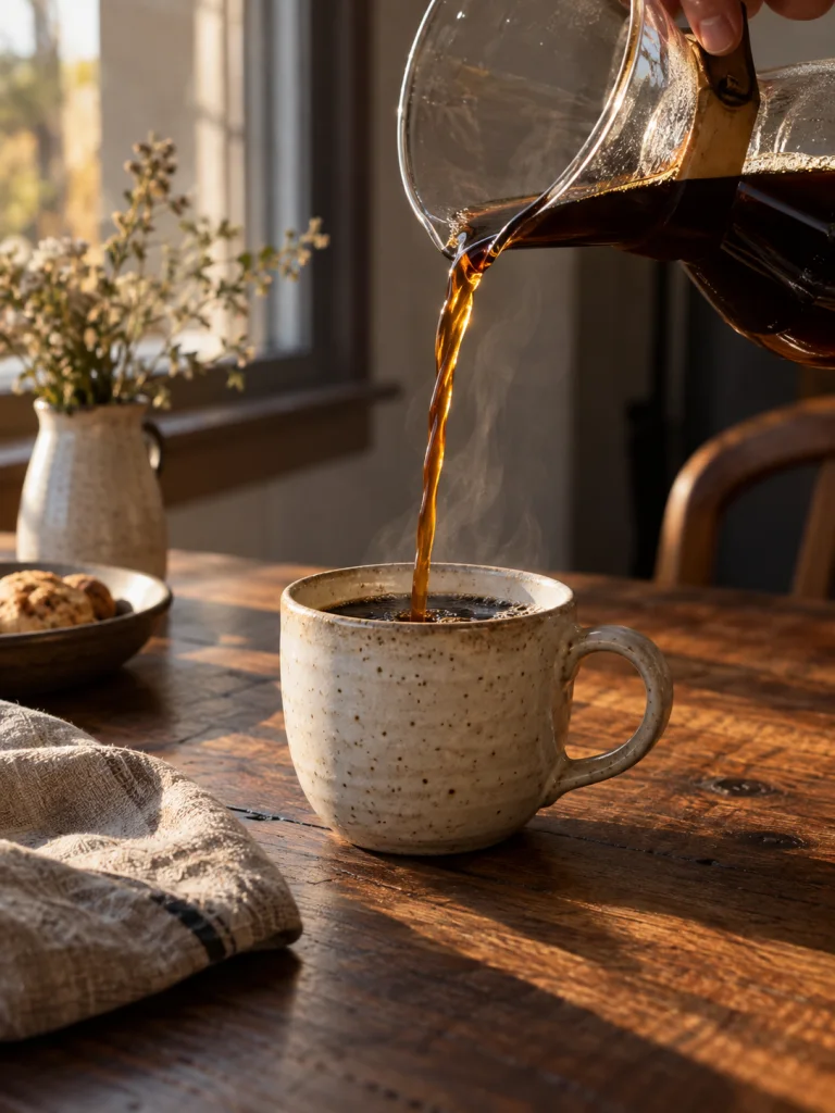 Café vertiéndose en una taza de cerámica con luz cálida de ventana.