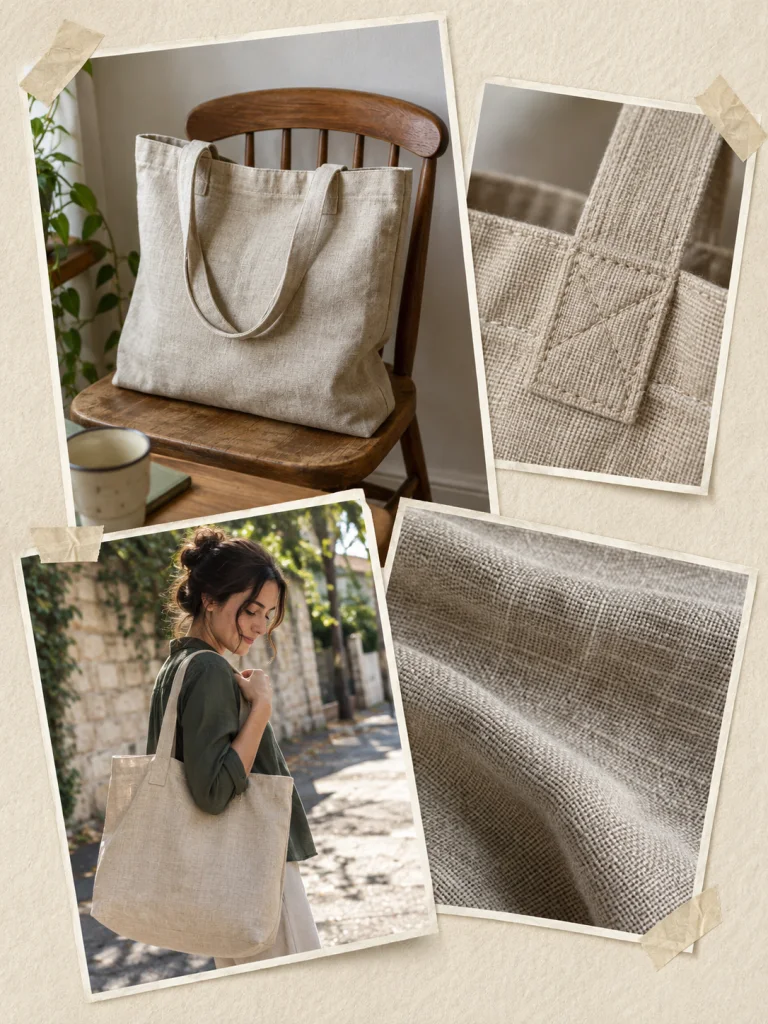 Collage de fotografías de una bolsa de lino, sus detalles y su uso cotidiano.