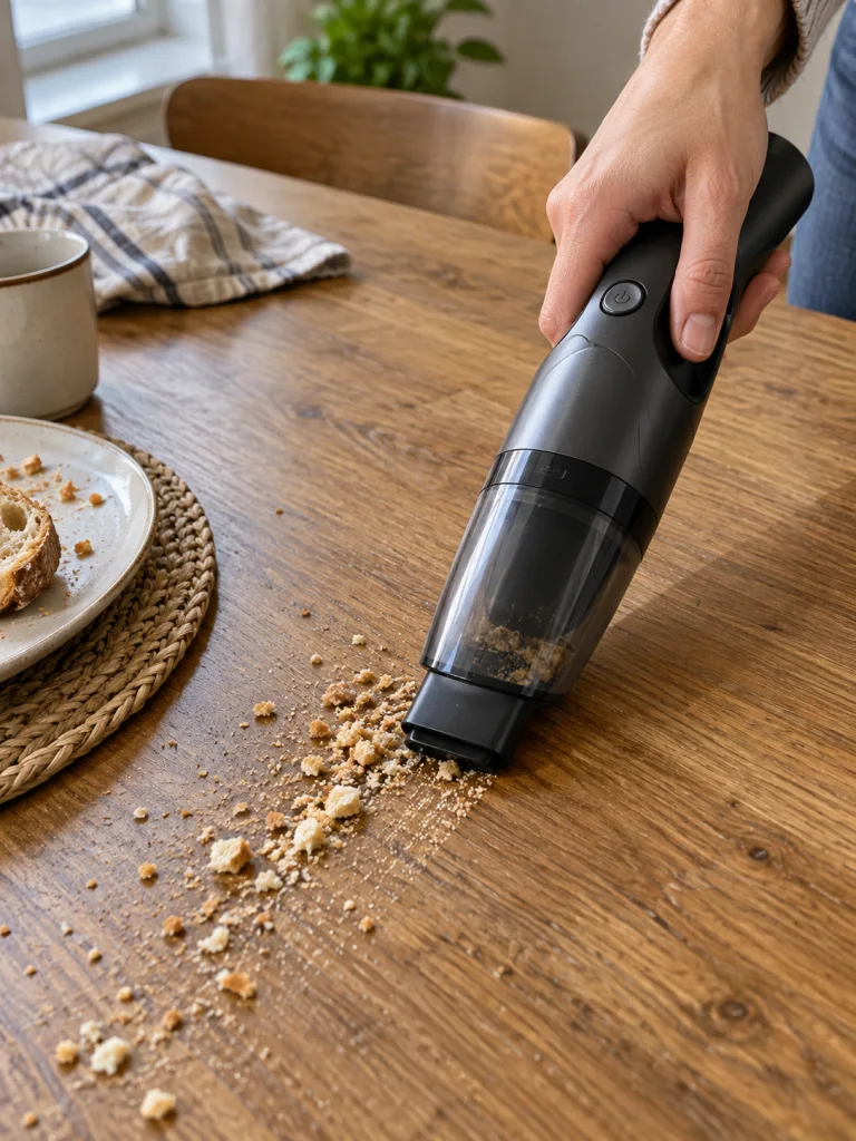 Una aspiradora de mano recoge migas de una mesa de madera.