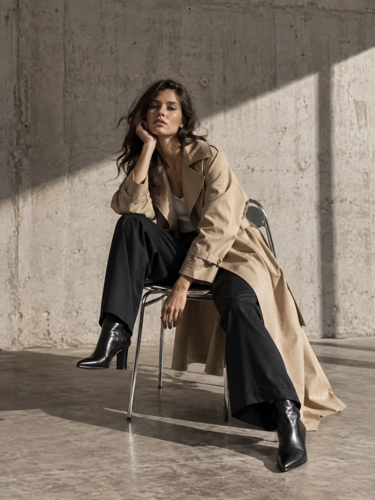 Fotografía editorial de una modelo con gabardina en un estudio.
