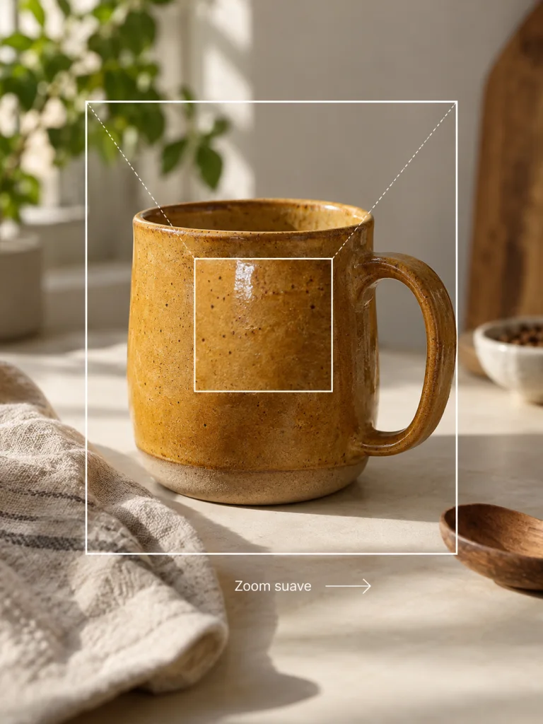 Una taza de cerámica fotografiada con una indicación sutil de acercamiento.