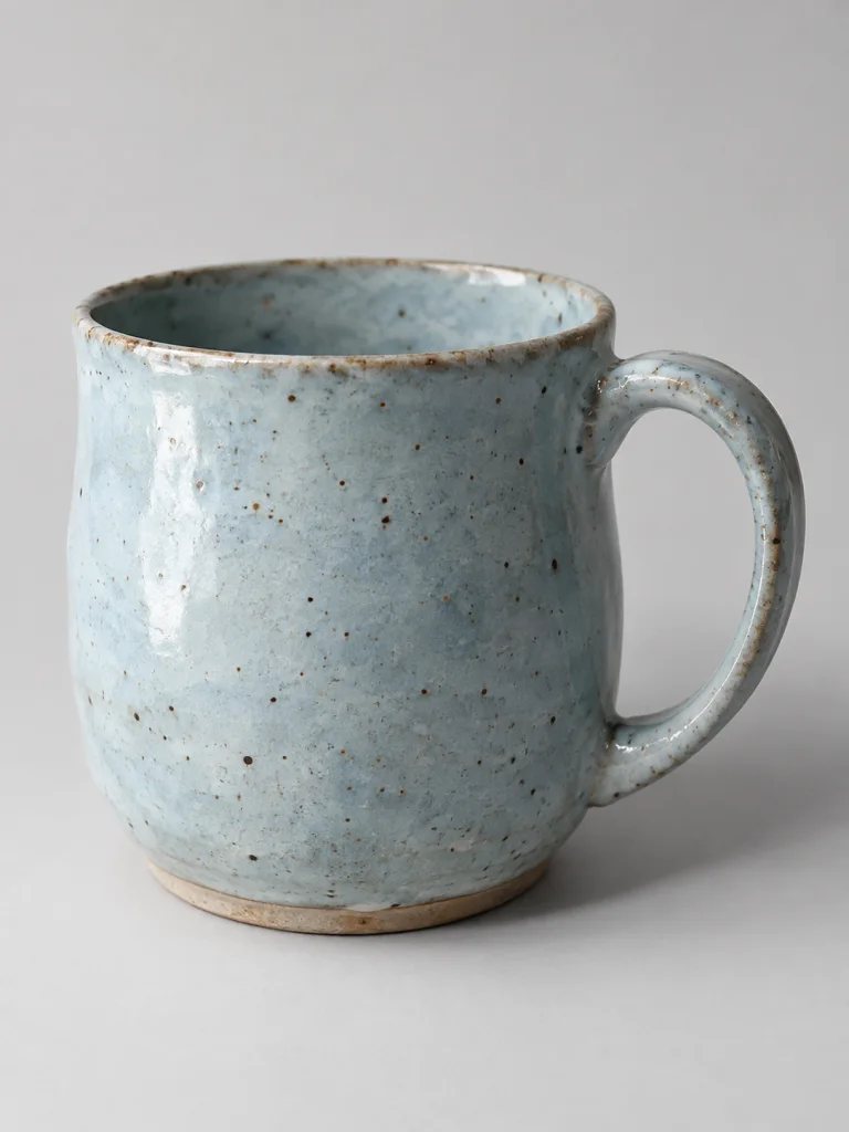 Primer plano de una taza de cerámica que muestra el esmalte y el asa.