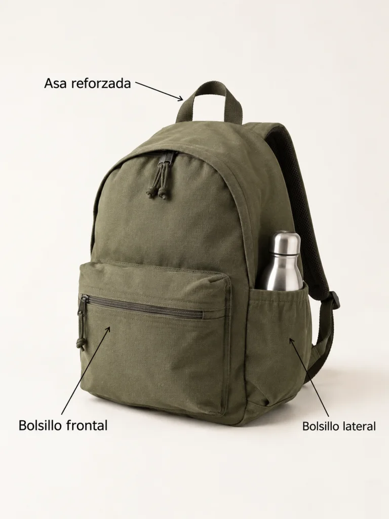Mochila con etiquetas que señalan el asa, el bolsillo frontal y el bolsillo lateral.