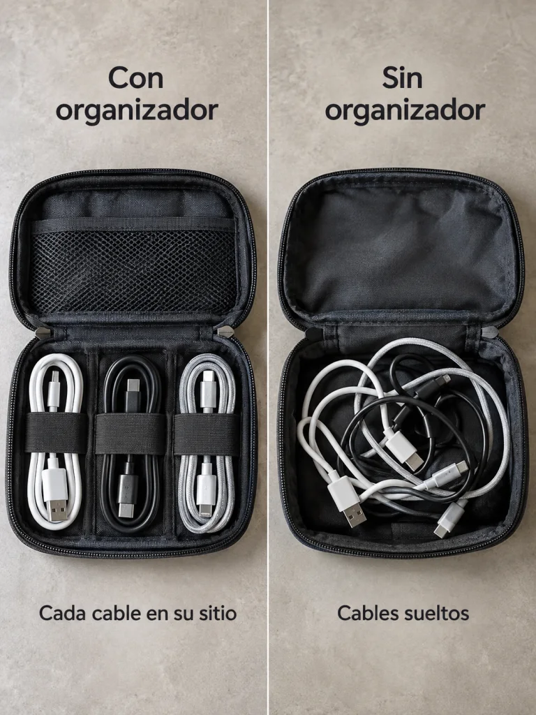 Dos estuches de cables comparados: uno organizado y otro con cables sueltos.