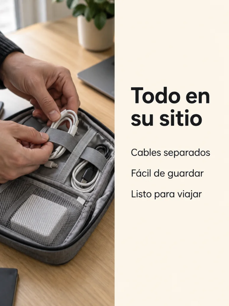 Una mitad muestra un organizador de cables y la otra explica sus ventajas.