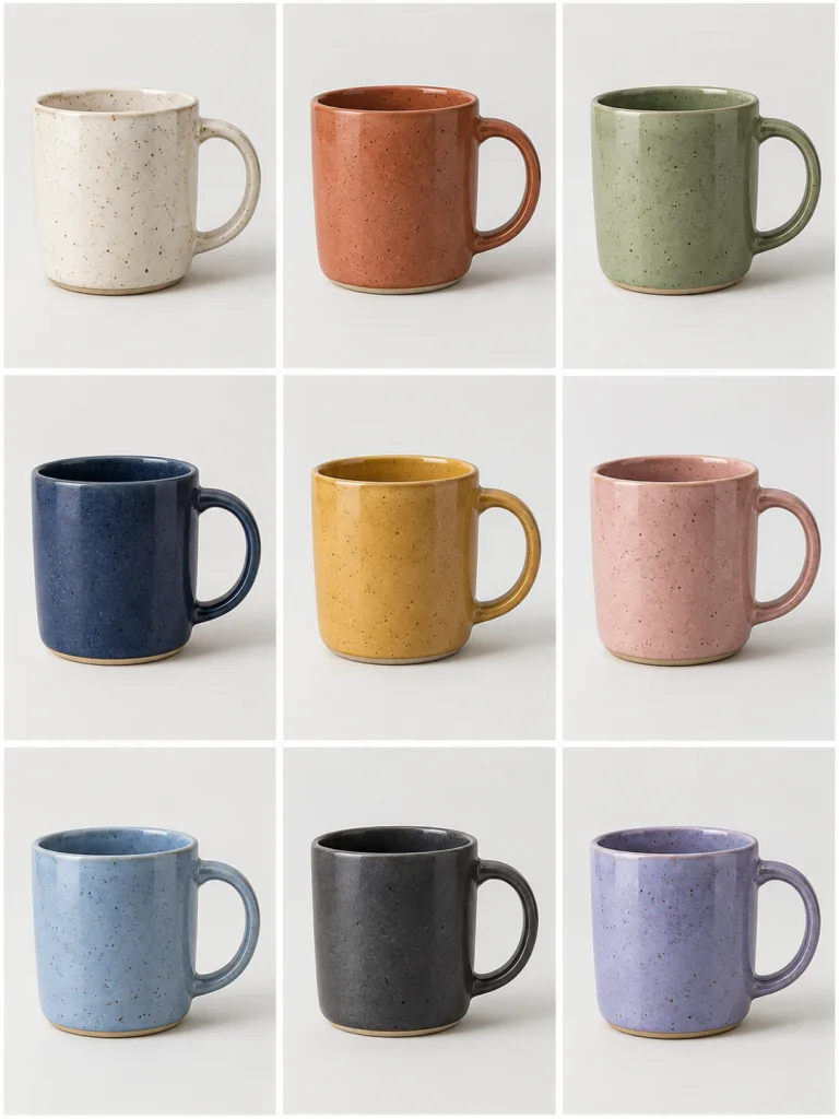 Cuadrícula de nueve fotografías de tazas en distintos colores.
