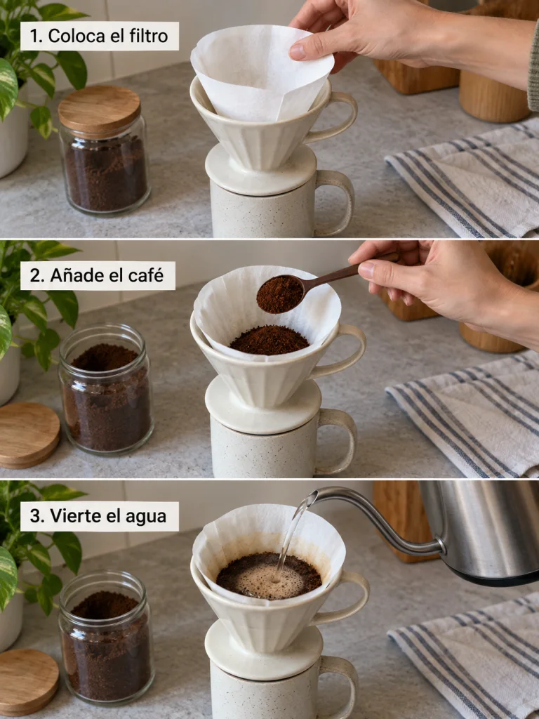 Tres pasos para preparar café con un filtro manual.
