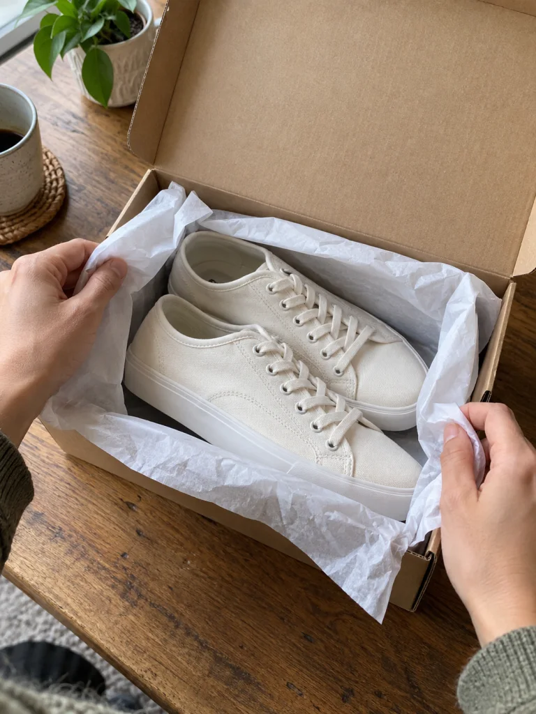 Unas manos retiran el papel de seda de una caja con zapatillas.