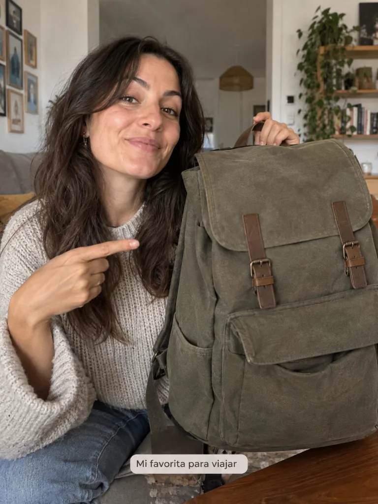 Creadora de contenido de unos 30 años muestra una mochila de lona a cámara desde su salón, gesto de recomendación honesto, subtítulo pequeño 'Mi favorita para viajar', sin marcas.