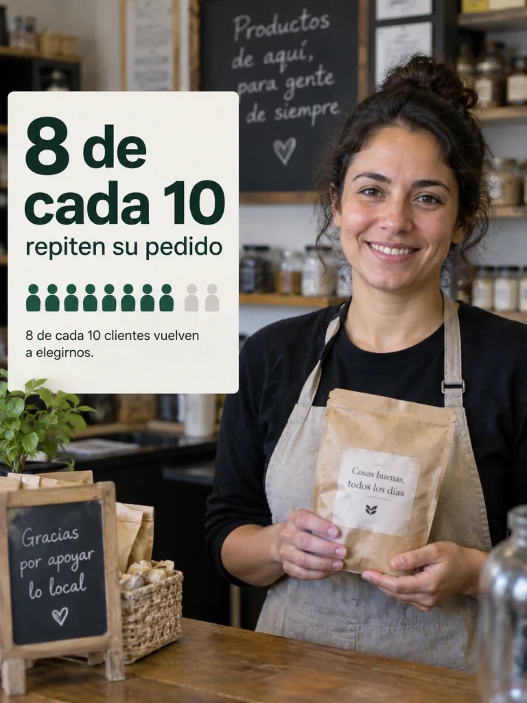 Visual simple con una persona real en una tienda y una cifra grande legible '8 de cada 10', subtítulo 'repiten su pedido', gráfico sobrio, sin promesas médicas.