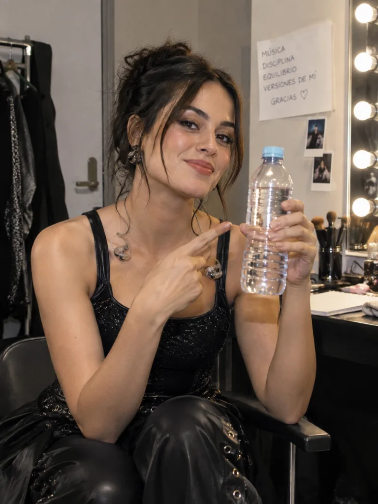 Una cantante ficticia conocida (sin parecerse a una persona real) recomienda una botella de agua en un camerino sencillo, foto editorial espontánea, sin logos ni nombre real.