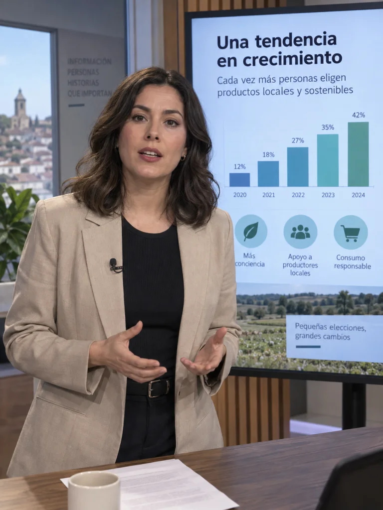 Presentadora ficticia en un pequeño estudio de noticias explica una tendencia de consumo junto a una pantalla con gráficos genéricos, estética de reportaje local, sin logos.