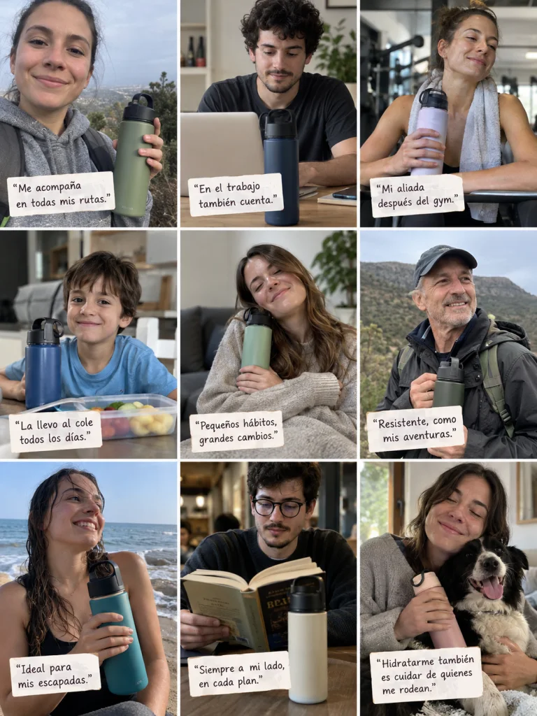 Composición de nueve pequeñas fotos de clientes reales usando una botella reutilizable en contextos cotidianos, con frases breves variadas en español, estética de mosaico humano, sin marcas.