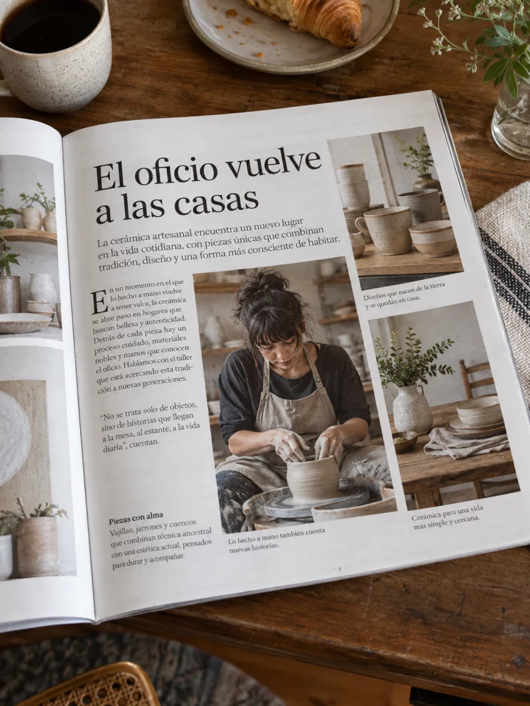 Revista impresa ficticia abierta sobre una mesa con un artículo destacado sobre una marca de cerámica, titular legible 'El oficio vuelve a las casas', sin cabecera real.