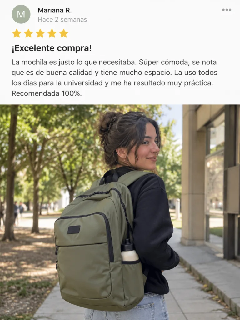 Captura ficticia de una reseña de cliente con cinco estrellas y texto en español sobre una mochila, junto a la foto casual del producto en uso, interfaz genérica.