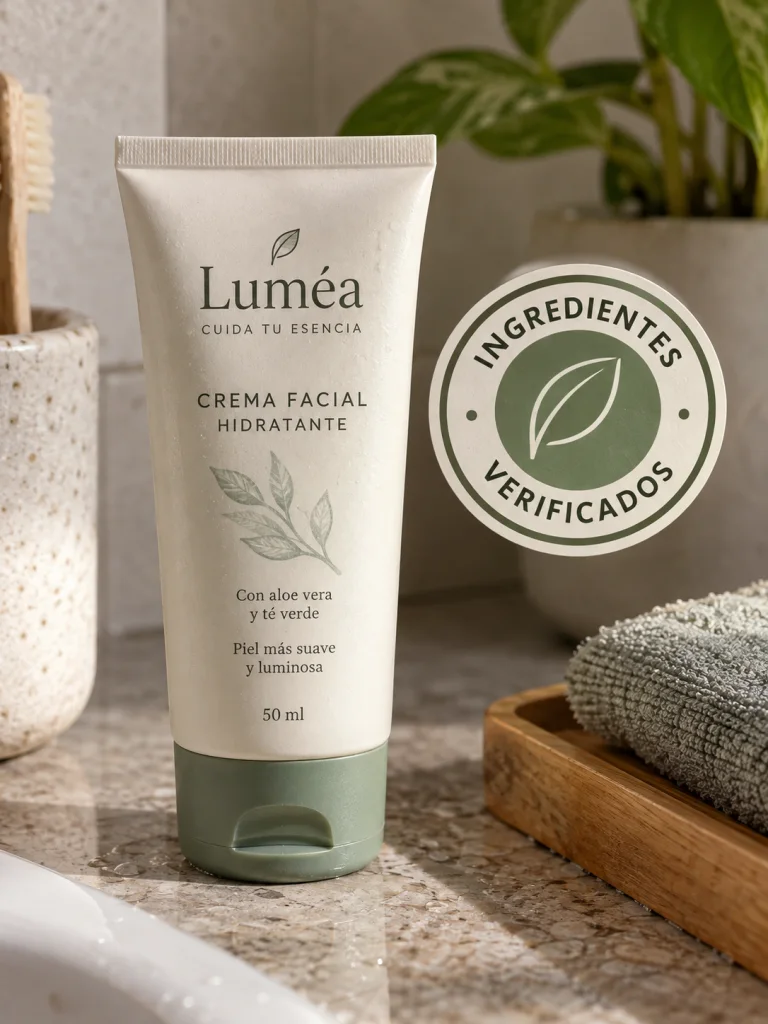 Primer plano de un paquete de cosmética ficticio junto a un sello circular de certificación genérico que dice 'Ingredientes verificados', diseño creíble, sin organismo real.