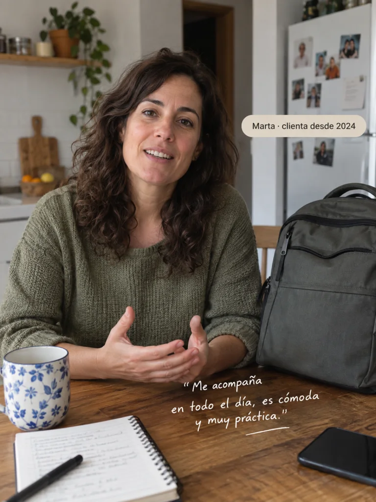 Cliente realista de unos 40 años sentado en la mesa de su cocina cuenta su experiencia mirando a cámara, con la mochila que usa a diario al lado, rótulo discreto 'Marta · clienta desde 2024', sin logo.